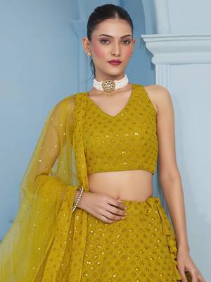 Mustard yellow sequins & thread embroidered georgette reception wear indian wedding bridal lehenga choli dress 2