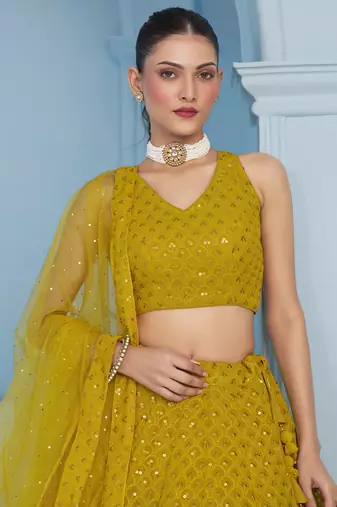 Mustard yellow sequins & thread embroidered georgette reception wear indian wedding bridal lehenga choli dress