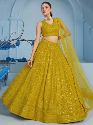 Mustard yellow sequins & thread embroidered georgette reception wear indian wedding bridal lehenga choli dress 3