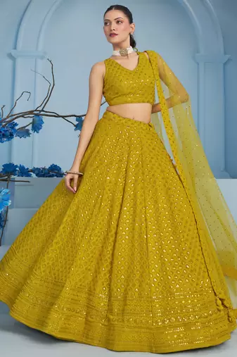 Mustard yellow sequins & thread embroidered georgette reception wear indian wedding bridal lehenga choli dress