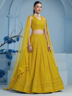 Mustard yellow sequins & thread embroidered georgette reception wear indian wedding bridal lehenga choli dress 4