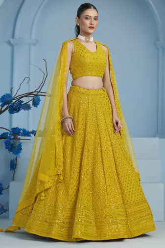 Mustard yellow sequins & thread embroidered georgette reception wear indian wedding bridal lehenga choli dress