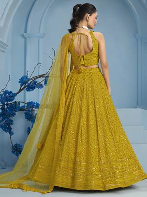 Mustard yellow sequins & thread embroidered georgette reception wear indian wedding bridal lehenga choli dress 5