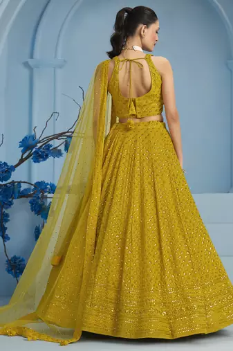 Mustard yellow sequins & thread embroidered georgette reception wear indian wedding bridal lehenga choli dress