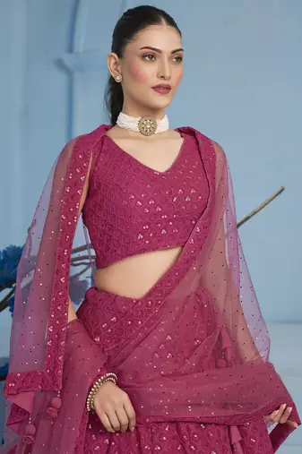 Pink sequins & thread embroidered georgette engagement wear bridesmaid indian wedding lehenga dress