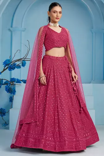 Pink sequins & thread embroidered georgette engagement wear bridesmaid indian wedding lehenga dress