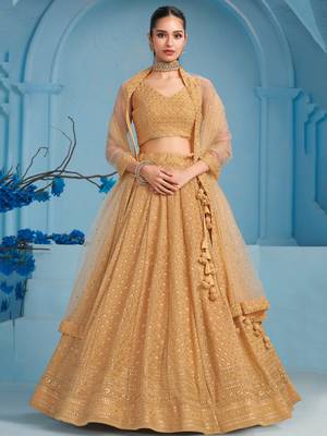 Beige sequins and thread embroidered georgette designer indian dress wedding lehenga choli 1