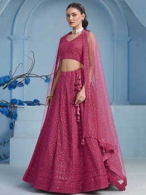 Pink sequins & thread embroidered georgette engagement wear bridesmaid indian wedding lehenga dress 4