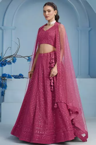 Pink sequins & thread embroidered georgette engagement wear bridesmaid indian wedding lehenga dress