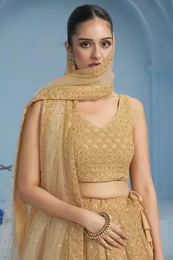 Beige sequins and thread embroidered georgette designer indian dress wedding lehenga choli