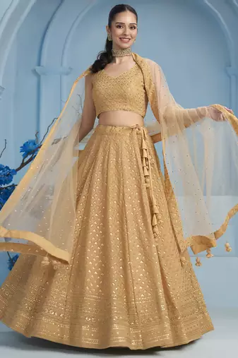 Beige sequins and thread embroidered georgette designer indian dress wedding lehenga choli