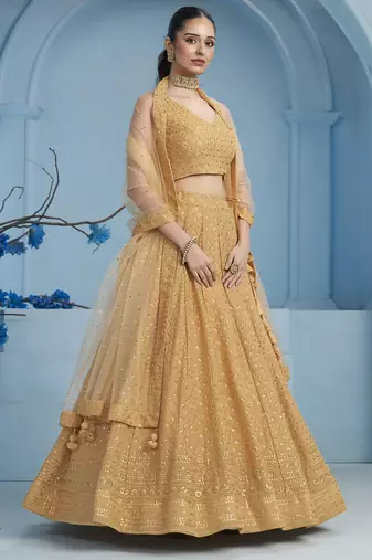 Beige sequins and thread embroidered georgette designer indian dress wedding lehenga choli