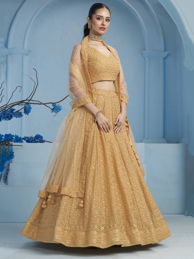 Beige sequins and thread embroidered georgette designer indian dress wedding lehenga choli