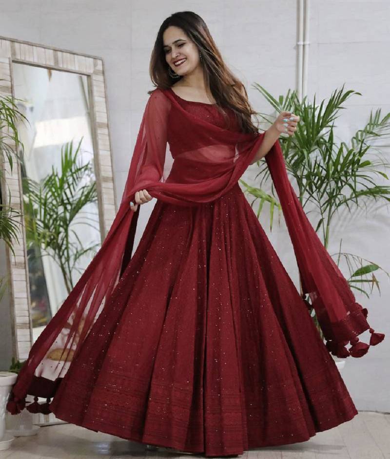 fabulous Maroon sequins and thread embroidered georgette fabric reception wear indian wedding designer lehenga dress