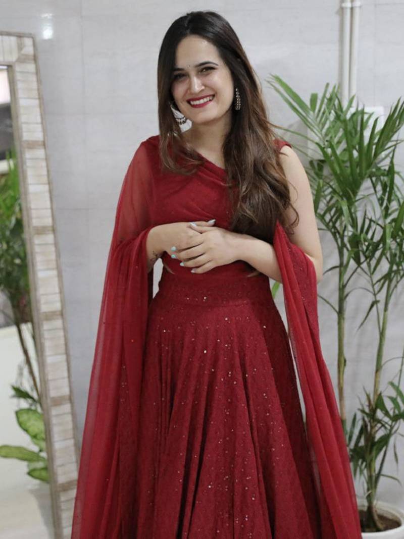 fabulous Maroon sequins and thread embroidered georgette fabric reception wear indian wedding designer lehenga dress