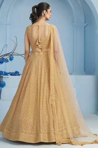 Beige sequins and thread embroidered georgette designer indian dress wedding lehenga choli