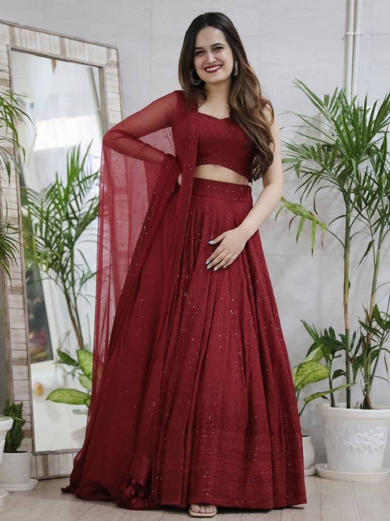 fabulous Maroon sequins and thread embroidered georgette fabric reception wear indian wedding designer lehenga dress