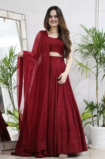 fabulous Maroon sequins and thread embroidered georgette fabric reception wear indian wedding designer lehenga dress
