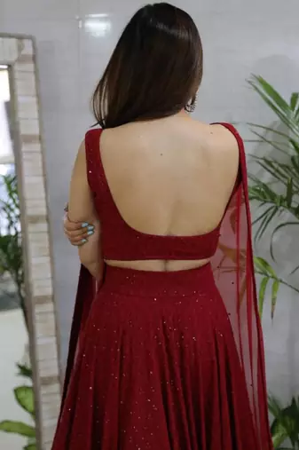 fabulous Maroon sequins and thread embroidered georgette fabric reception wear indian wedding designer lehenga dress