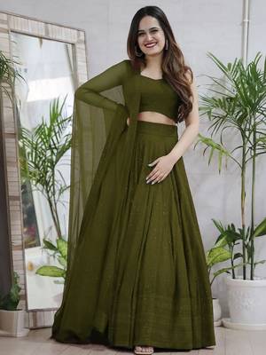 fabulous Mahendi Green sequins and thread embroidered georgette reception indian wedding mahendi lehenga choli dress 3