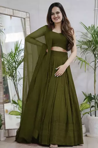 fabulous Mahendi Green sequins and thread embroidered georgette reception indian wedding mahendi lehenga choli dress
