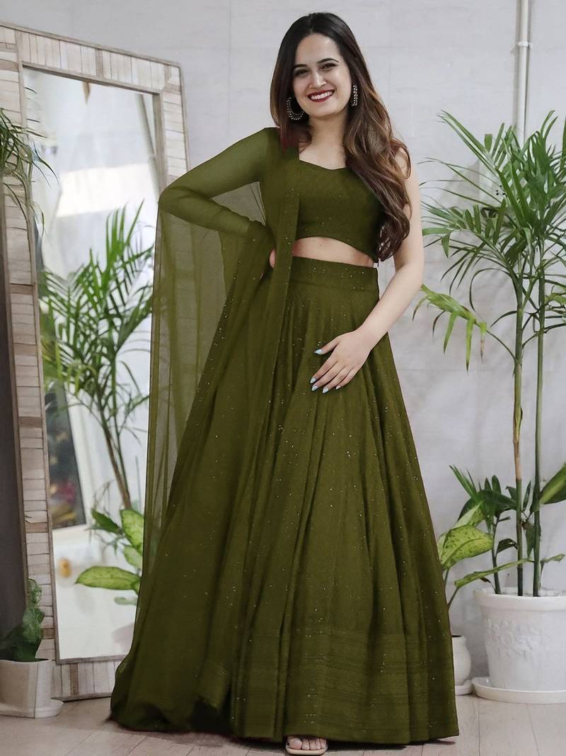 fabulous Mahendi Green sequins and thread embroidered georgette reception indian wedding mahendi lehenga choli dress