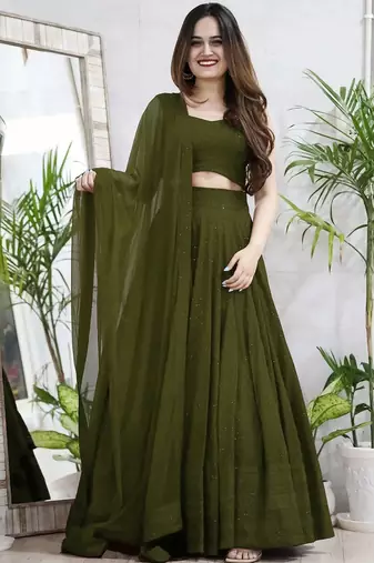 fabulous Mahendi Green sequins and thread embroidered georgette reception indian wedding mahendi lehenga choli dress