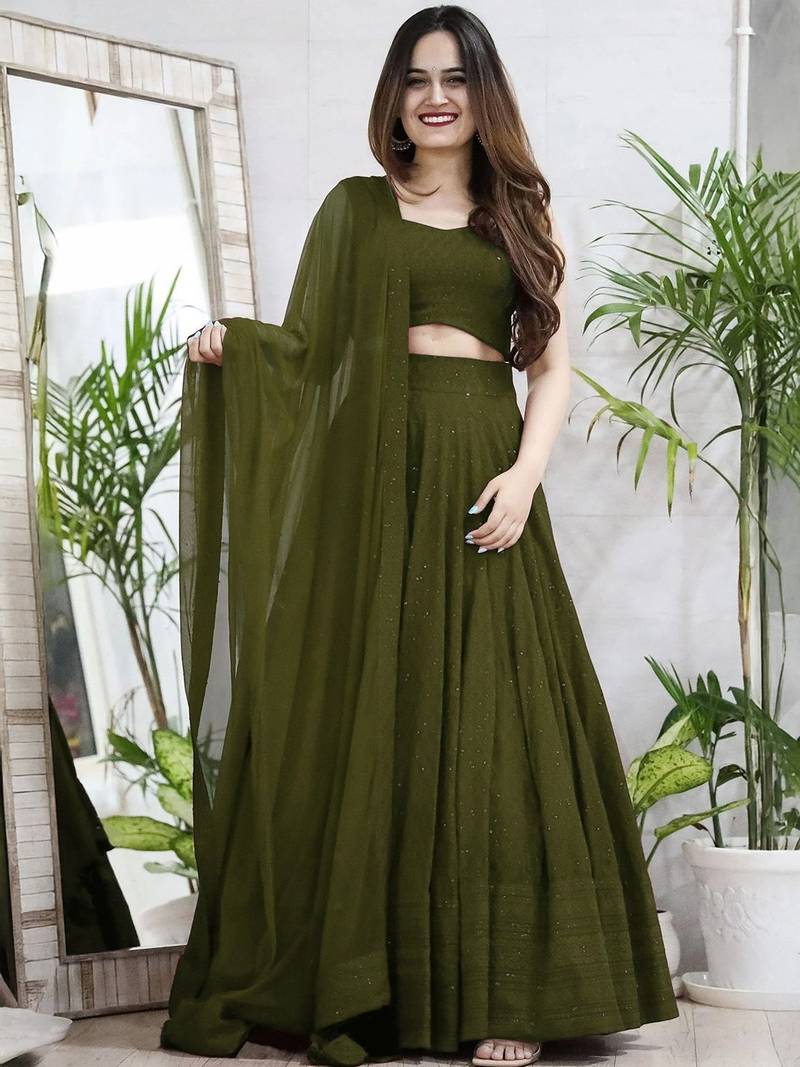fabulous Mahendi Green sequins and thread embroidered georgette reception indian wedding mahendi lehenga choli dress