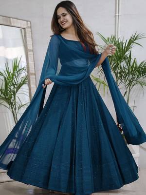 teal blue sequins & thread embroidered georgette fabric indian wedding lehenga dress 1