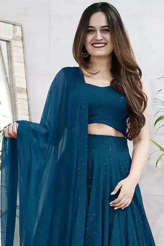teal blue sequins & thread embroidered georgette fabric indian wedding lehenga dress