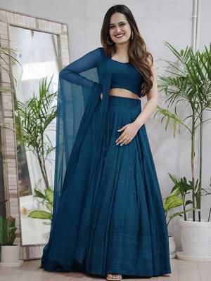 teal blue sequins & thread embroidered georgette fabric indian wedding lehenga dress 3