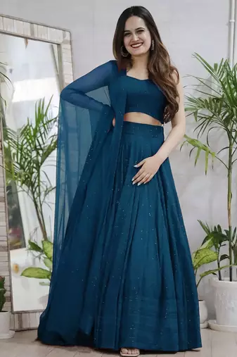teal blue sequins & thread embroidered georgette fabric indian wedding lehenga dress