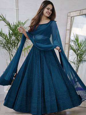 teal blue sequins & thread embroidered georgette fabric indian wedding lehenga dress 4