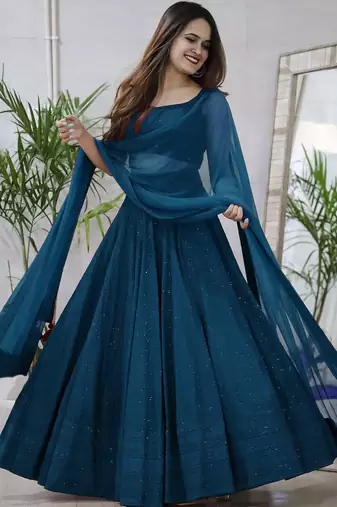 teal blue sequins & thread embroidered georgette fabric indian wedding lehenga dress