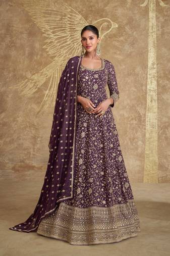 Dark purple embroidery & sequins goergette gown suit - full stitched suit