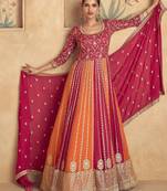 Pink & orange embroidery & sequins goergette gown suit - full stitched suit