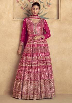 Pink embroidery & sequins goergette gown suit - full stitched suit 1