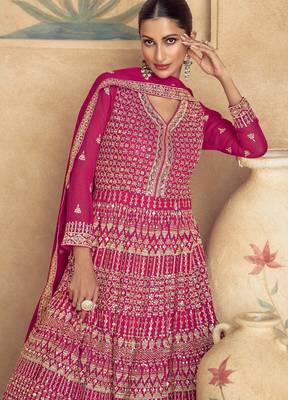 Pink embroidery & sequins goergette gown suit - full stitched suit 2