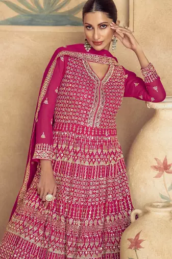 Pink embroidery & sequins goergette gown suit - full stitched suit