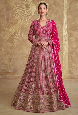 Pink embroidery & sequins goergette gown suit - full stitched suit 1