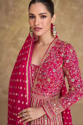 Pink embroidery & sequins goergette gown suit - full stitched suit