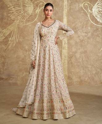 Beige embroidery & sequins goergette gown suit - full stitched suit 1