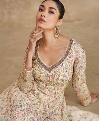 Beige embroidery & sequins goergette gown suit - full stitched suit 2