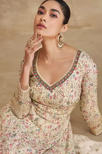 Beige embroidery & sequins goergette gown suit - full stitched suit