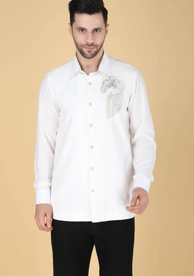 White hand embroidered Long sleeve shirt for men 1