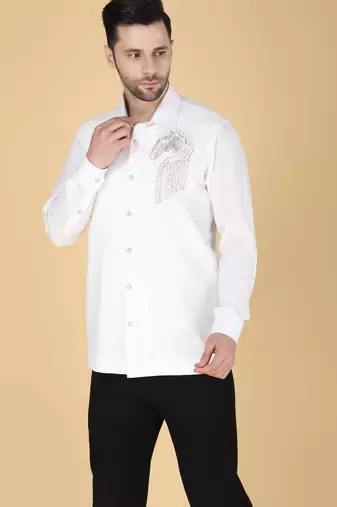 White hand embroidered Long sleeve shirt for men