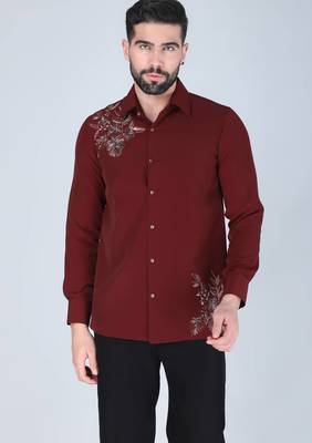Maroon hand embroidered Long sleeve shirt for men 1