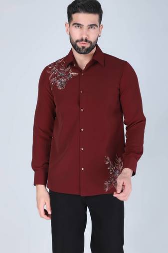 Maroon hand embroidered Long sleeve shirt for men
