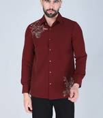 Maroon hand embroidered Long sleeve shirt for men