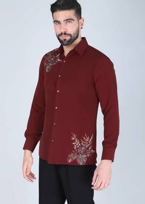 Maroon hand embroidered Long sleeve shirt for men 2
